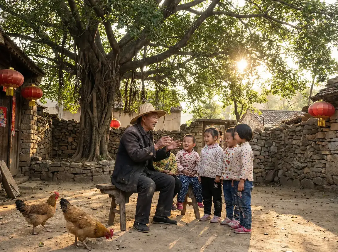 老人在大榕树下给孩子们讲故事 - 中国第一声优叶倩彤 乡村记忆